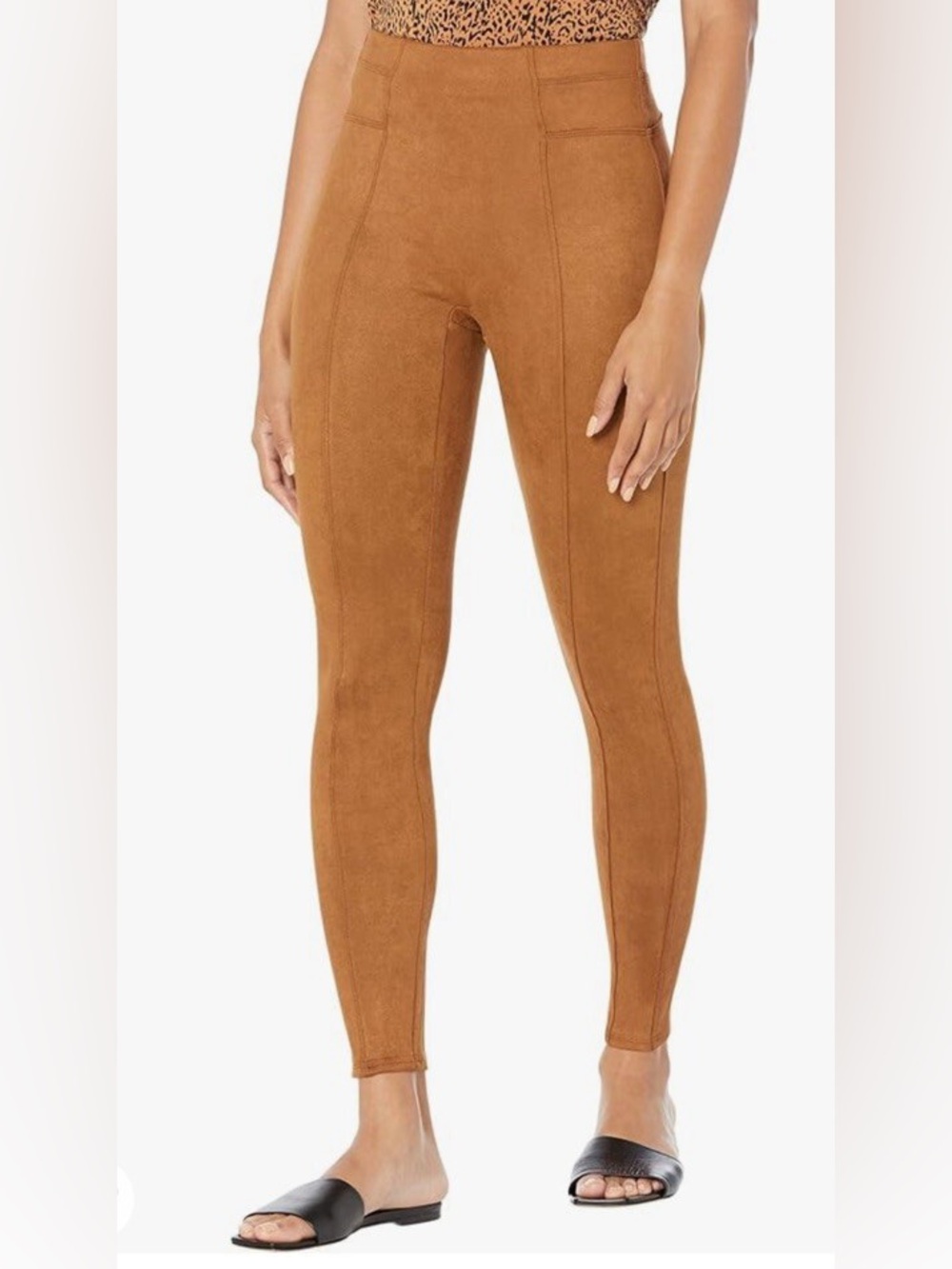 Spanx Faux Suede Brown Moto Leggings Shaping Pull On Pants XS Camel Tan